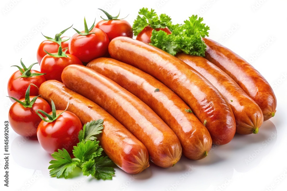 Panoramic Image: Frankfurter Sausages Isolated, High-Resolution Food Photography, Full Depth of Field, White Background Panoramic Image: Frankfurter Sausages Isolated, High-Resolution Food Photography, Full Depth of Field, White Background