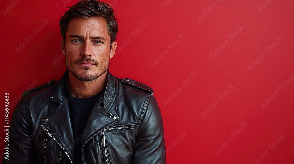A stylish man in a leather jacket poses in a studio, representing a creative worker in a trendy company. A stylish man in a leather jacket poses in a studio, representing a creative worker in a trendy company.