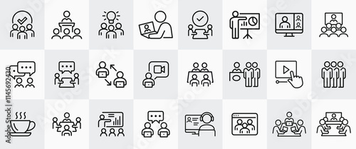 Business Convention, Business Conference, Business People, Audience, Presenter, Attendees, Vendors, Networking, Convention And Seminar Thin Line Icons