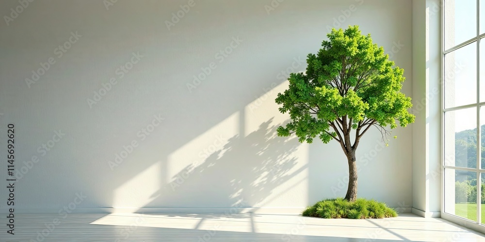 Serene Indoor Tree in Minimalist Room with Sunlight Streaming Through Large Window