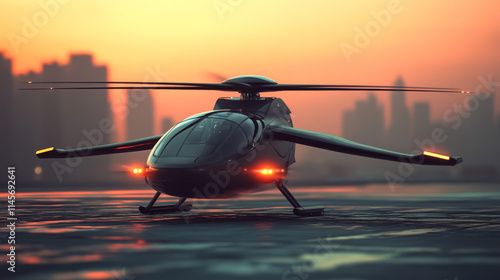 Futuristic VTOL Aircraft Landing at Sunset: 3D Rendering