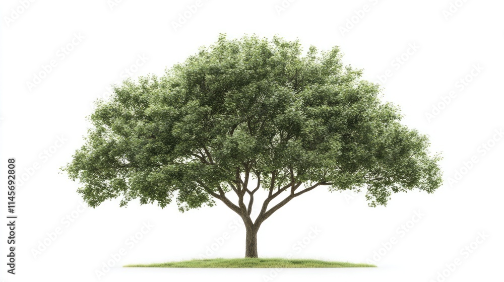 Lush green tree with a broad canopy standing majestically against a white background symbolizing nature and tranquility. Lush green tree with a broad canopy standing majestically against a white background symbolizing nature and tranquility.