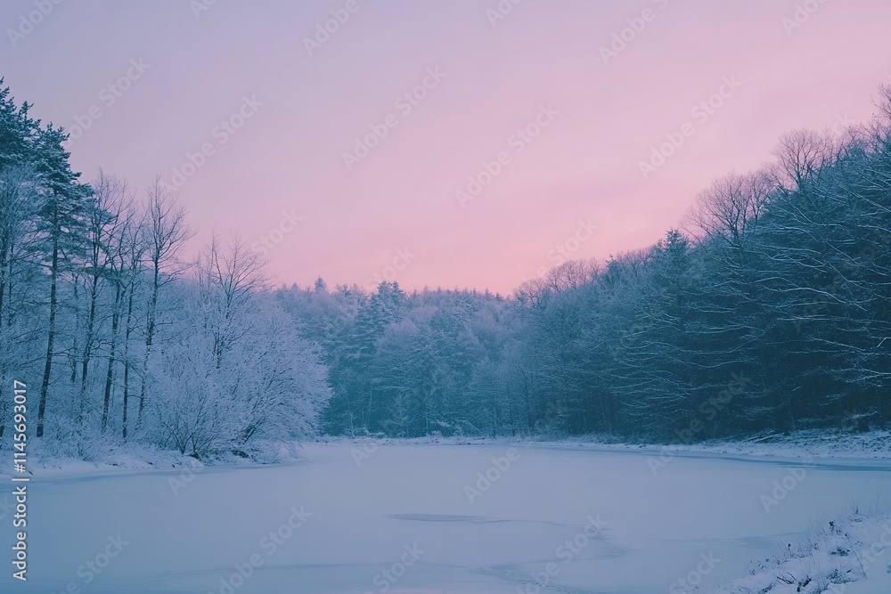 Fototapeta premium serene winter scene of frozen lake surrounded by snow-covered trees at twilight