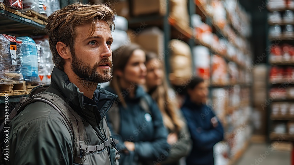 A team gathers at a warehouse for humanitarian aid, representing supply chain logistics, social responsibility, and nonprofit support for food insecurity relief. A team gathers at a warehouse for humanitarian aid, representing supply chain logistics, social responsibility, and nonprofit support for food insecurity relief.