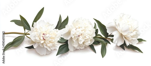 Elegant arrangement of white peonies with green leaves isolated on a clean white background for floral design concepts and presentations