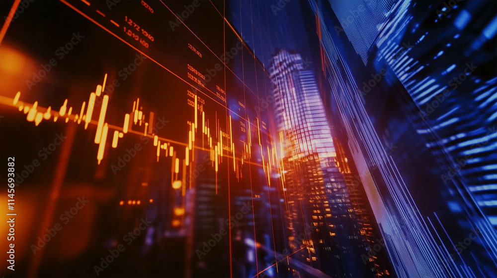 Obraz premium 都市の背景に浮かぶ株式市場のチャート
