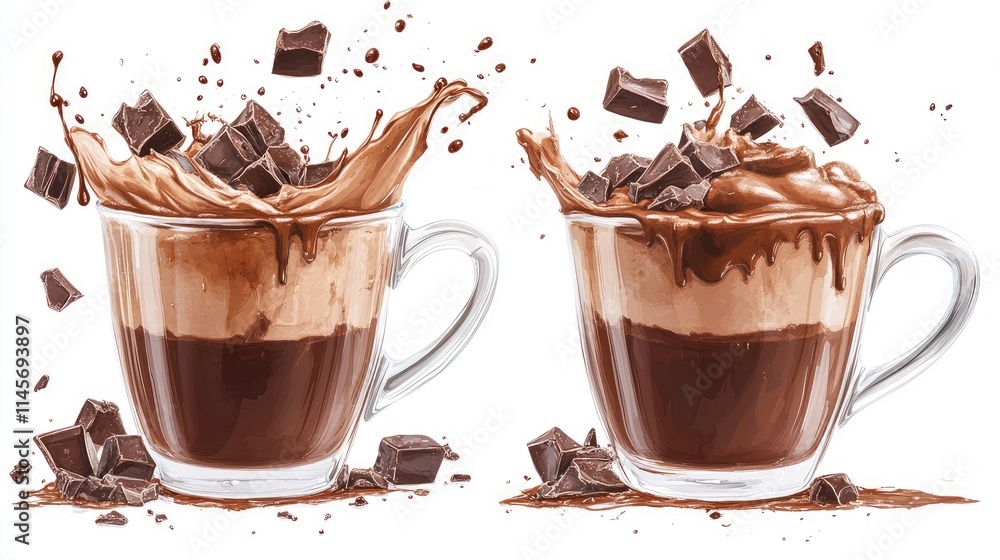 Delicious hot chocolate splashes in transparent cups with chocolate chunks isolated on white background Delicious hot chocolate splashes in transparent cups with chocolate chunks isolated on white background