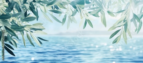 Wallpaper Mural Tranquil Seascape with Olive Tree Leaves Framing a Serene Blue Ocean Background Torontodigital.ca