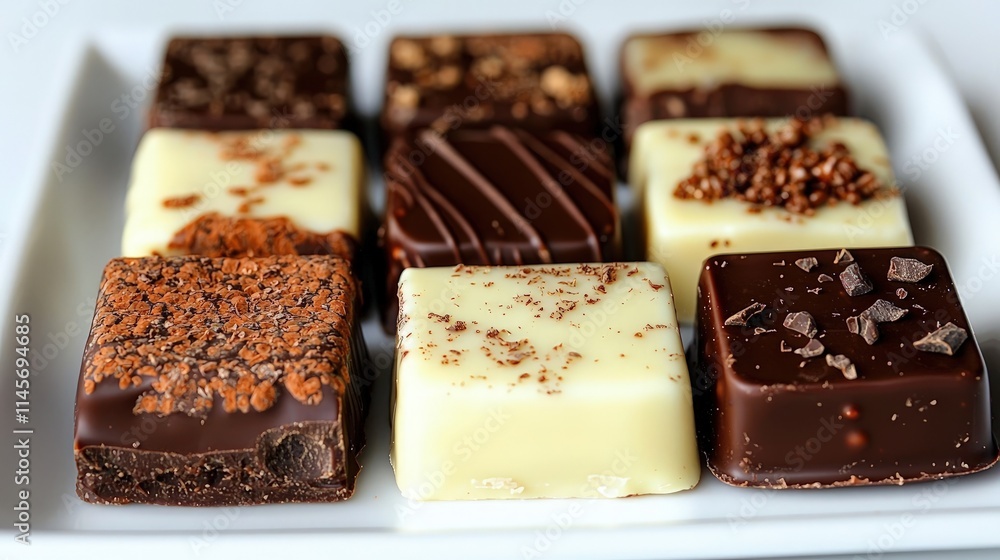 Assorted gourmet chocolate squares on white plate. Assorted gourmet chocolate squares on white plate.