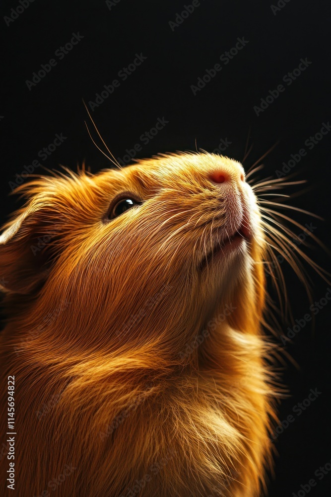 A close-up of a golden guinea pig gazing upwards against a dark background. A close-up of a golden guinea pig gazing upwards against a dark background.