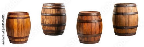 Set of wooden barrels isolated on transparent background