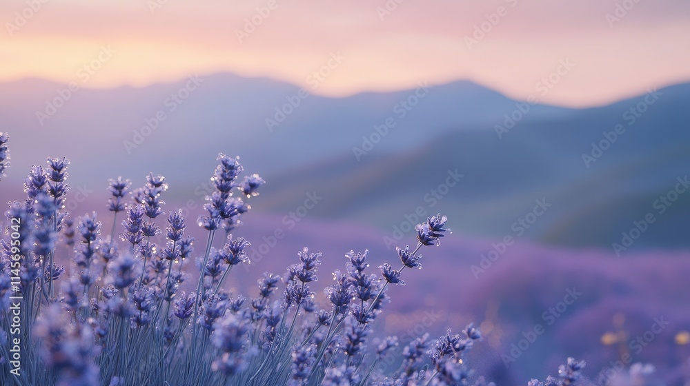 Fototapeta premium Vibrant lavender fields under a colorful sunset sky with mountains in the background, capturing serenity and natural beauty.