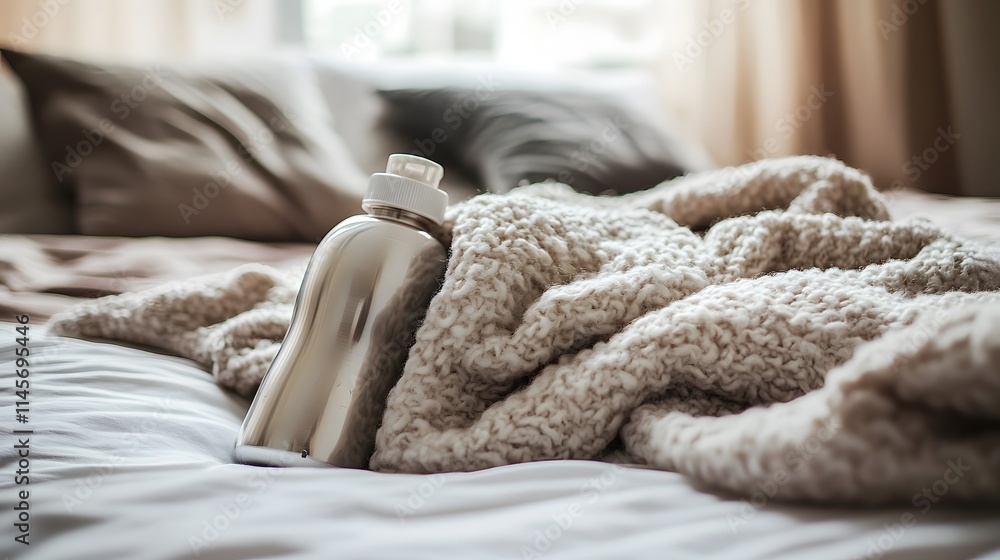 Hot water bottle resting on a cozy bed, providing warmth and comfort during cold nights. Embracing the simple pleasures of home and relaxation