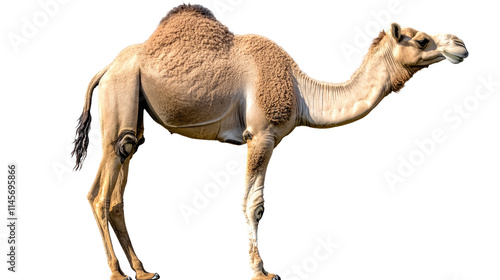 Camel Standing: A majestic camel stands tall against a clear background, showcasing its graceful form and distinctive hump.   photo