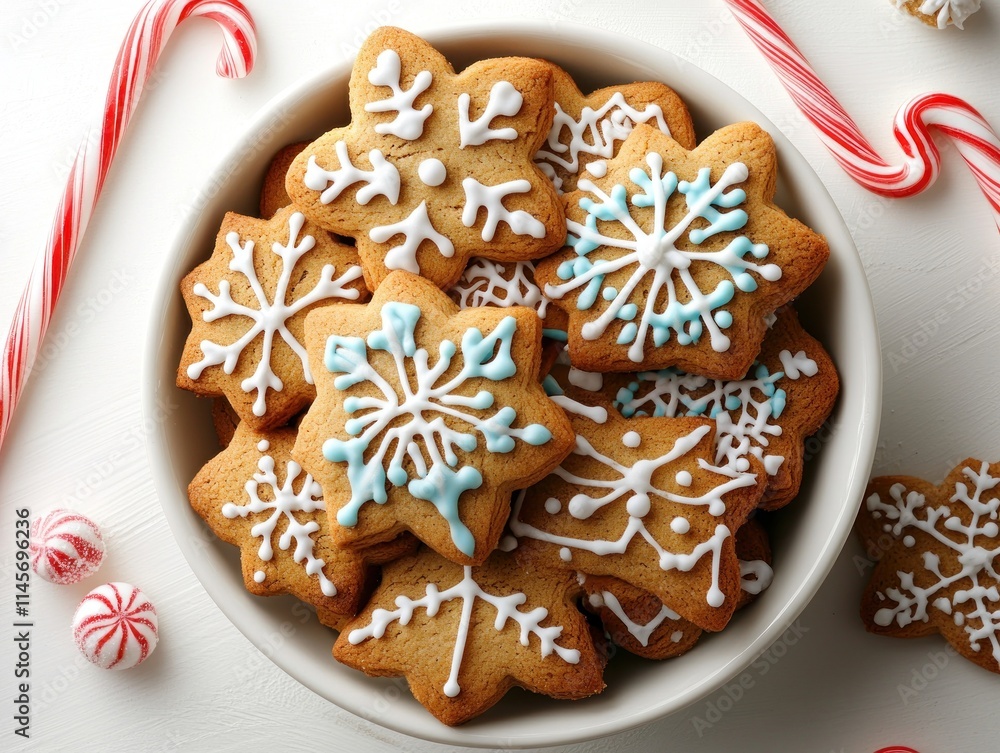 A bowl of decorated snowflake-shaped cookies surrounded by candy canes and peppermint candies. A bowl of decorated snowflake-shaped cookies surrounded by candy canes and peppermint candies.
