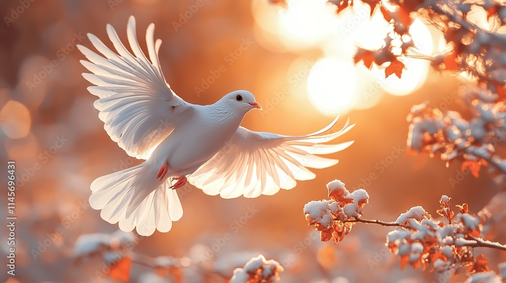 Fototapeta premium A white dove flies with leaves, symbolizing peace, hope, and new beginnings with purity, honesty, and freedom.
