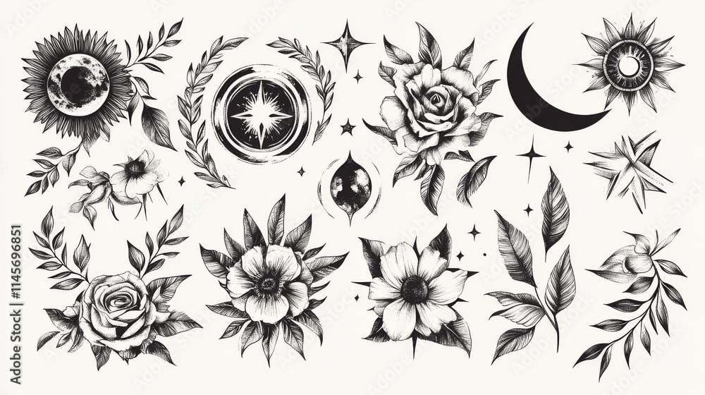 hand drawn Collection plants ilustration with elegant leaves for tatto, invitation, card design. Set of hand drawn outline botanical Floral branch and plant vector illustration hand drawn Collection plants ilustration with elegant leaves for tatto, invitation, card design. Set of hand drawn outline botanical Floral branch and plant vector illustration