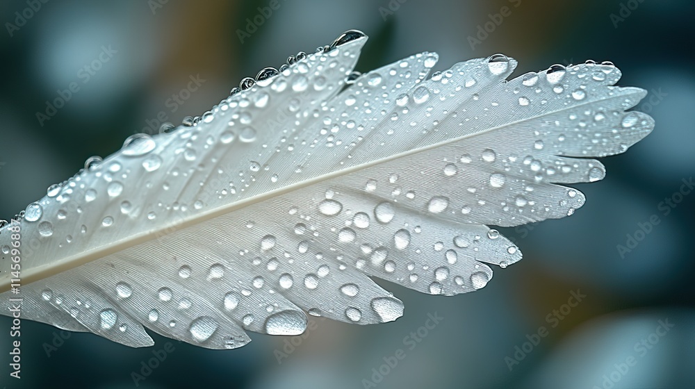 Obraz premium A white feather with water droplets creates an artistic image, evoking themes of creativity, purity, and natural beauty.