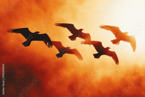 Flock of Birds Soaring Through Vibrant Sunset Sky in Silhouette photo