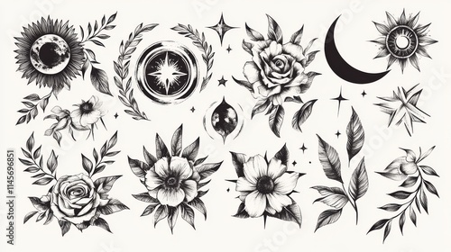 hand drawn Collection plants ilustration with elegant leaves for tatto, invitation, card design. Set of hand drawn outline botanical Floral branch and plant vector illustration