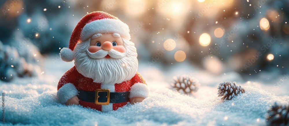 Santa Claus figurine surrounded by soft snow and blurred festive background conveying holiday cheer and winter magic Santa Claus figurine surrounded by soft snow and blurred festive background conveying holiday cheer and winter magic