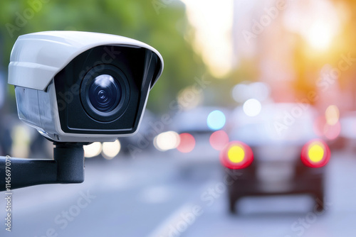 Surveillance camera monitoring traffic on city street, capturing details of vehicles and pedestrians. scene conveys sense of security and vigilance