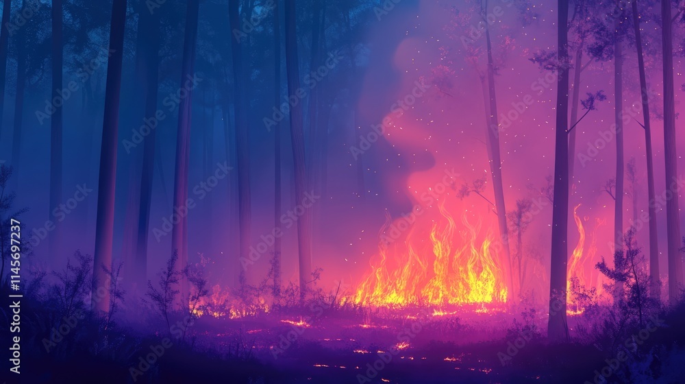 Obraz premium Abstract forest fire landscape with vibrant flames and smoke highlighting drought-affected trees in a surreal, colorful setting