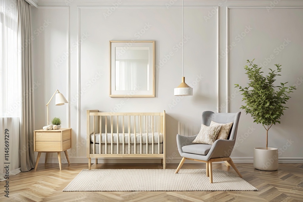 Scandinavian Child Room Mockup: Empty Frame on White Wall, Baby Bed, Cozy Interior, 3D Render Scandinavian Child Room Mockup: Empty Frame on White Wall, Baby Bed, Cozy Interior, 3D Render