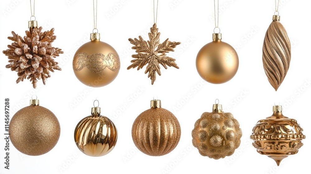 Elegant golden Christmas ornaments collection featuring various shapes and textures isolated on a white background for festive decor inspiration. Elegant golden Christmas ornaments collection featuring various shapes and textures isolated on a white background for festive decor inspiration.
