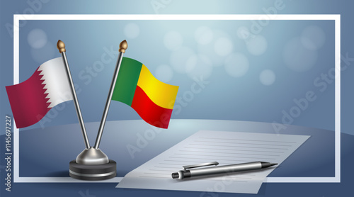 Qatar and Benin National flags on small table with bokeh background, cooperative relationship
