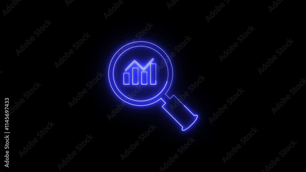 Glowing magnifying search icon on glowing business graphs and financial data charts for growth and profit through data analysis. Glowing magnifying search icon on glowing business graphs and financial data charts for growth and profit through data analysis.