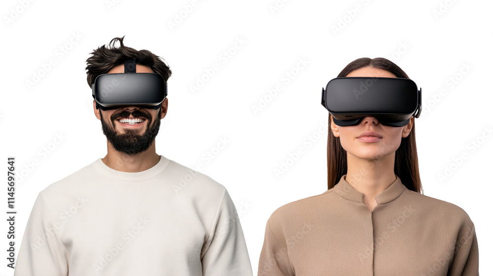 Pair wearing VR headsets isolated on a transparent background Pair wearing VR headsets isolated on a transparent background