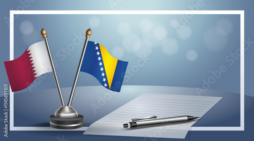 Qatar and Bosnia and Herzegovina National flags on small table with bokeh background, cooperative relationship