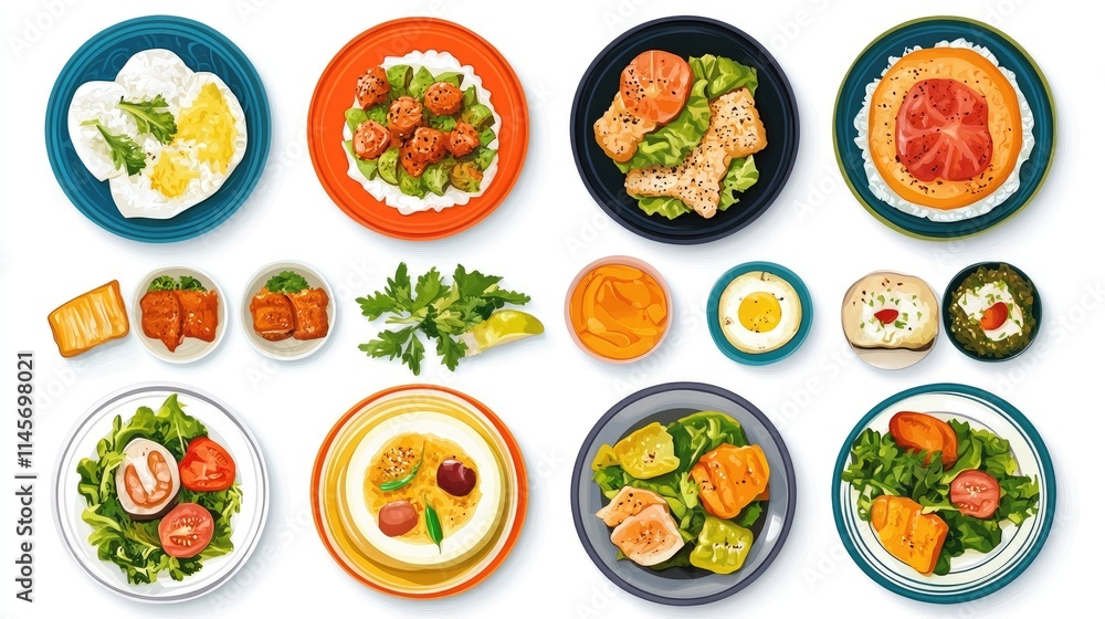 Variety of colorful food plates arranged on a white background showcasing diverse meals for culinary presentation and advertising use. Variety of colorful food plates arranged on a white background showcasing diverse meals for culinary presentation and advertising use.