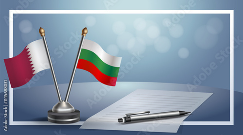 Qatar and Bulgaria National flags on small table with bokeh background, cooperative relationship