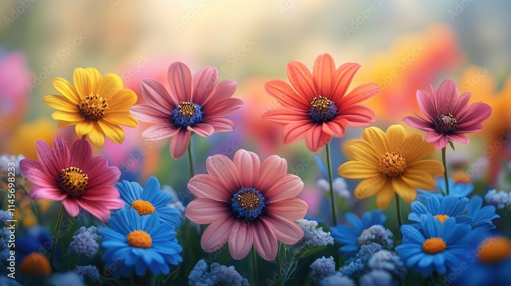 Vibrant close-up of colorful flowers in a serene garden setting with soft focus effects and beautiful bokeh background. Vibrant close-up of colorful flowers in a serene garden setting with soft focus effects and beautiful bokeh background.