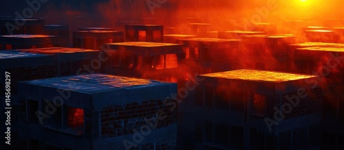 Wallpaper Mural Urban construction site at sunset showcasing incomplete brick houses and concrete structures amidst a misty atmosphere. Torontodigital.ca