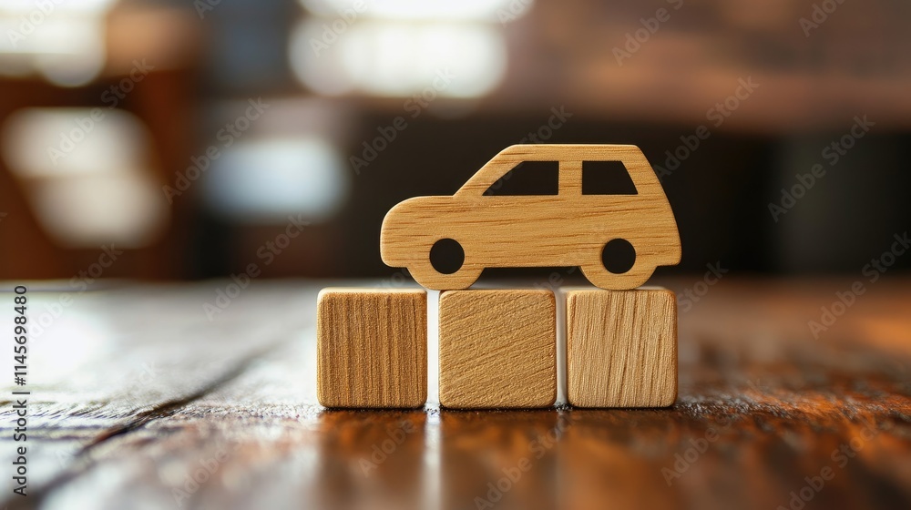 Wooden blocks arranged with a symbol representing the concept of a smart car on a rustic wooden surface Wooden blocks arranged with a symbol representing the concept of a smart car on a rustic wooden surface