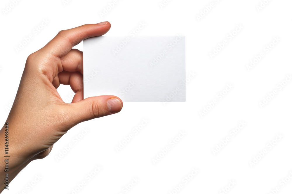 Obraz premium Hand holding blank white card, isolated on transparent background