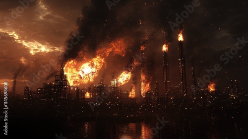 Fiery explosion at industrial refinery with towering flames and dark smoke against a dramatic sky creating an intense apocalyptic scene