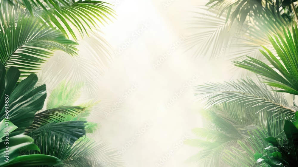 Obraz premium Tropical foliage frame with bright sunlight creating soft light and airy background for text or design elements in a serene setting