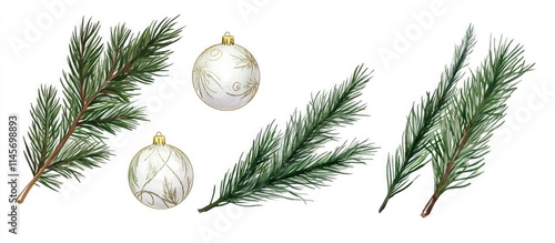 Pine branches and decorative Christmas ornaments arranged on a clean white background for festive holiday imagery.