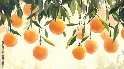 Cascading oranges hanging from lush green leaves creating a vibrant agricultural background for fresh produce and natural themes