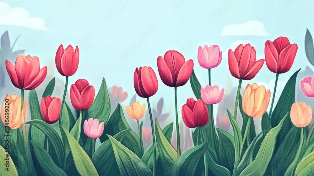 vibrant spring tulip field with a variety of colors surrounded by lush green foliage under a clear blue sky vibrant spring tulip field with a variety of colors surrounded by lush green foliage under a clear blue sky