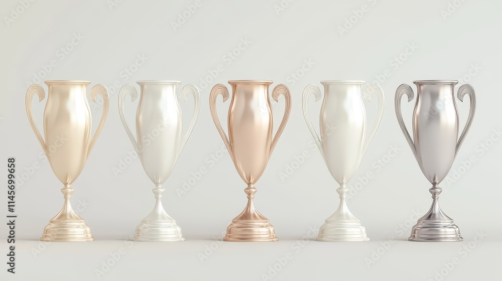 A row of five gold, silver, and white trophies A row of five gold, silver, and white trophies