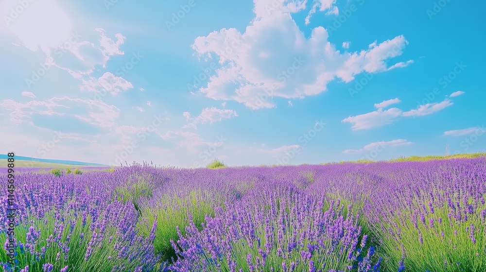 Naklejka premium A field of lavender under a bright blue sky, wide-angle shot, Minimalist style
