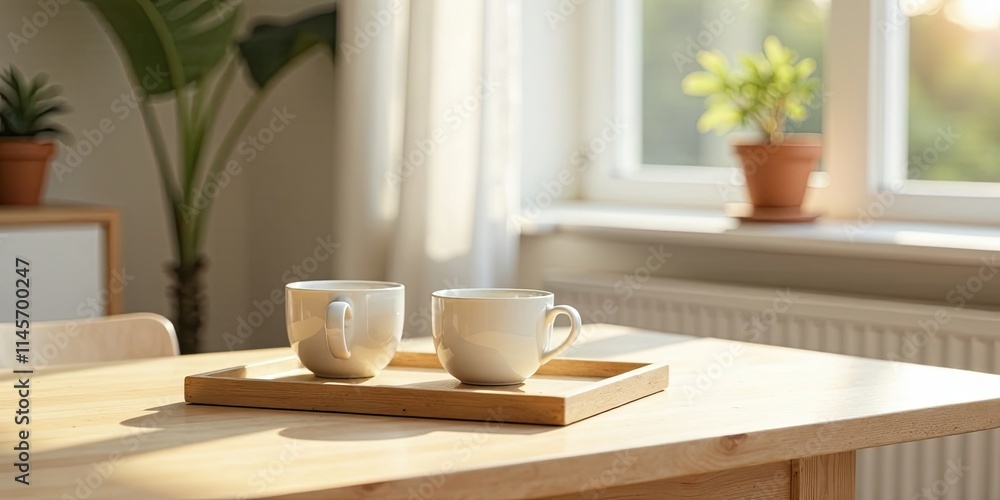 Warm Sunlight Illuminates Two Ceramic Mugs Resting on a Wooden Tray on a Light Wooden Table Warm Sunlight Illuminates Two Ceramic Mugs Resting on a Wooden Tray on a Light Wooden Table