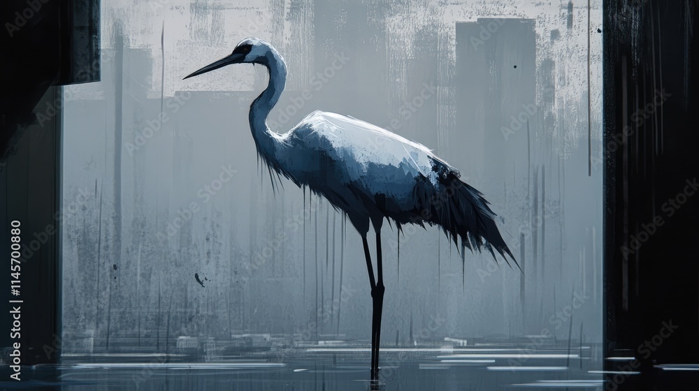 Fototapeta premium Elegant white crane standing majestically in a serene urban landscape with abstract elements reflecting a connection to nature amidst city life.