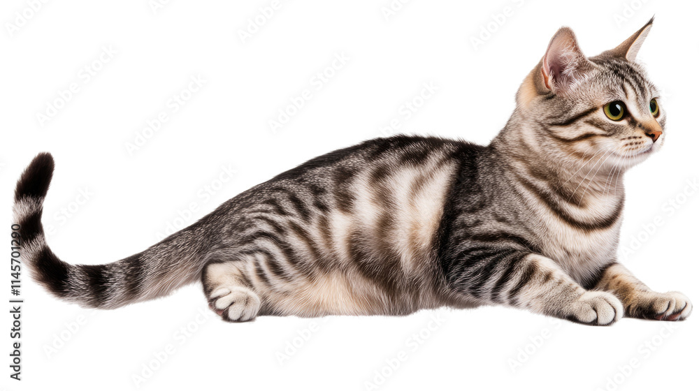 Fototapeta premium Elegant Tabby Cat Portrait: A captivating portrait of a sleek tabby cat with striking green eyes. This image captures the feline's grace and beauty.