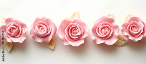 Pink marzipan roses delicately arranged for elegant cake decoration on a white background enhancing exquisite pastry presentation